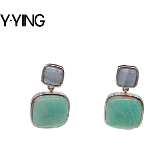 Y·YING geometric Natural Square Green Amazonite Blue Chalcedony silver color plated stud Earrings