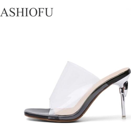 ASHIOFU Women High Heel Sandals PVC Leather Party Prom Summer Shoes Peep-toe Slingback Fashion Evening Sandals Shoes