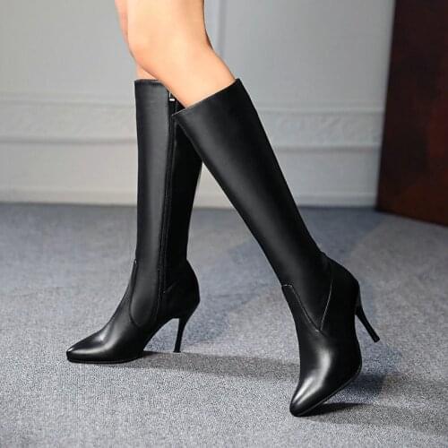 AIWEIYi Black White Woman Knee High Boots Pointed toe Thin High Heels Autumn Winter Motorcycle Botas Mujer