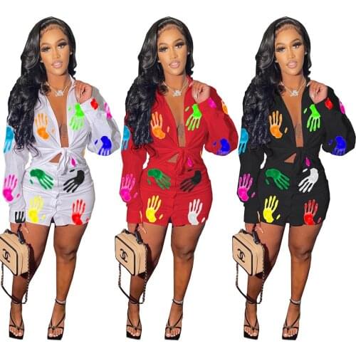 Fashion Printed 2 Pieces Skirt Long Sleeve Sets Women Open Stitch Lace Up Shirt + Mini Skirts 2021 Casual Streetwear Skirt Suits