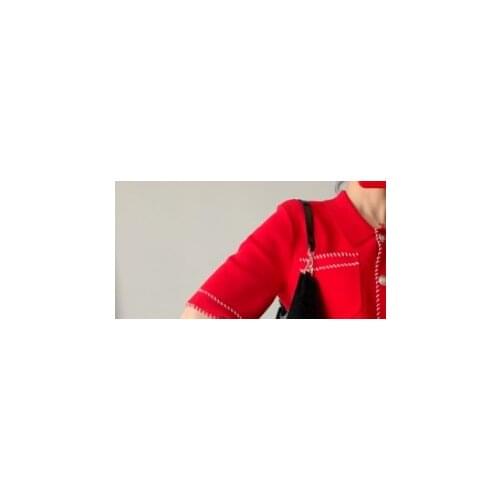 2021 Women Red Sweater Striped Edge Knitwear Short Sleeve Single Breasted Turn-Down Collar Outwear Short Type Knit Cardigans