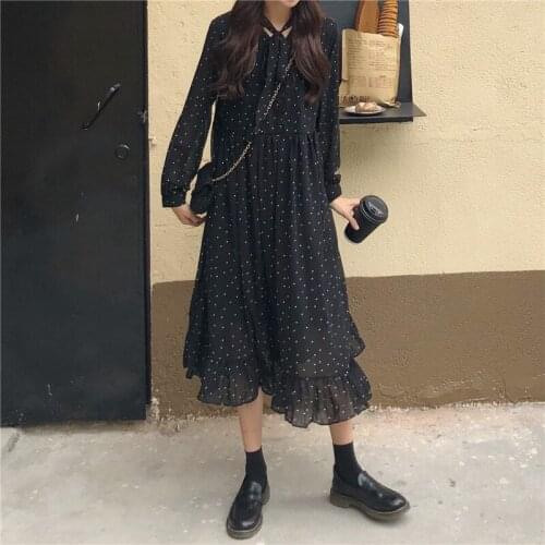 Harajuku Dress Birthday Long Dress Women Korean style Loose Chiffon Ruffle Dot Printed Long Sleeve Chiffon Women Dress 730G