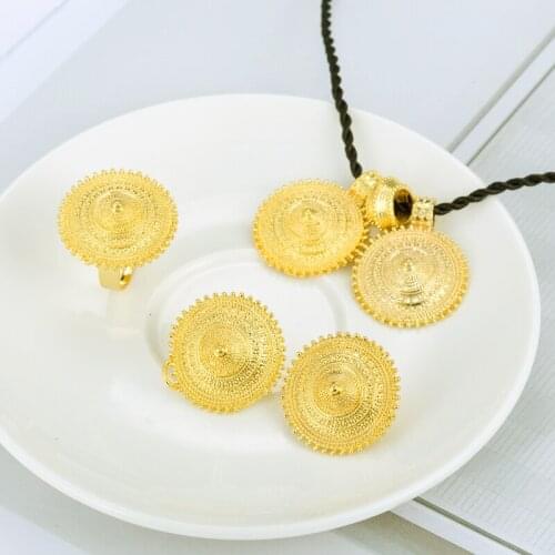 Gold Color Eritrea Africa Wedding Engagement sets Habesha Ethiopian set Jewelry Pendant Rope Earring Ring