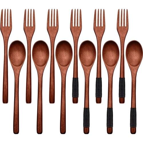12 Pcs 9 Inch Wooden Spoons Forks Set Flatware Set Wood Cutlery Set Reusable Wood Spoons Forks Tableware Set