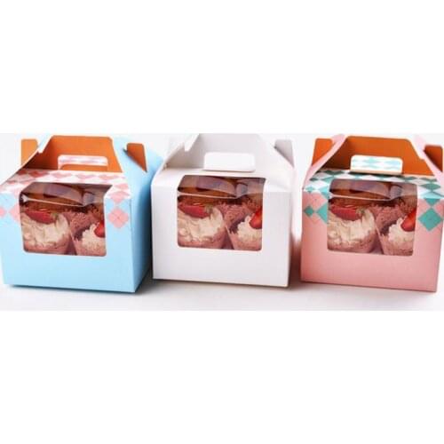 3 colors Paper Cupcake Box With Window 4 Holes Cake Muffin Packing Boxes Wedding Birthday Pastry Gift Holder handle SN2730