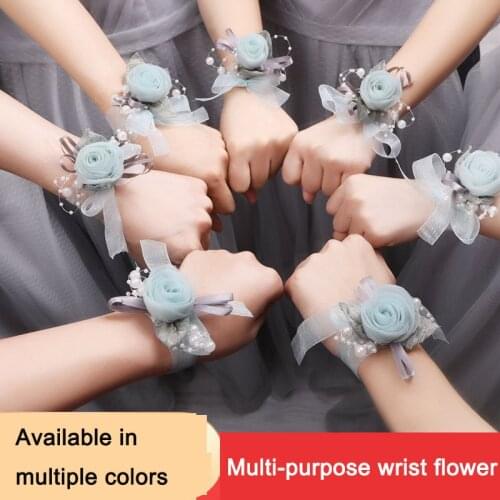 4Pcs Korean Wrist Flower Wedding Supplies Bridesmaid Hand Flower Wedding Bride Wrist Straps Flower Adjustable Ribbon