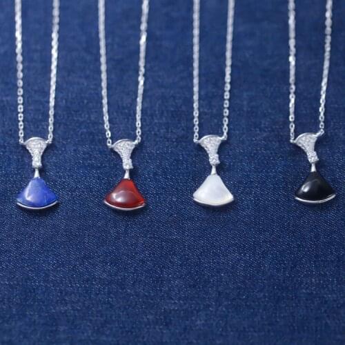 SLJELY Fashion Real 925 Sterling Silver White Black Red Blue Fan Shaped Pendant Necklace Pave Zircon Women Wedding Party Jewelry