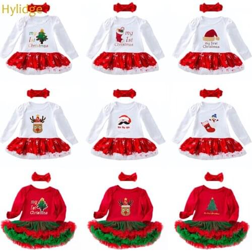 Hylidge 2PCS/set Newborn Baby Christmas Dress Long-sleeved Printed Mesh Dress Cotton Rompers Toddler Girl Christmas Dresses