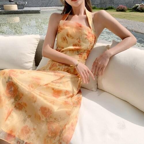 French retro dress Hepburn halter suspender long dress design boho bohemian chiffon seaside holiday dresses