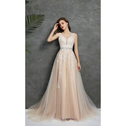 Elegant V Neck Sleeveless Prom Dresses A Line Appliques White Lace Beaded Belt Sexy Formal Long Evening Party Dress Cocktail