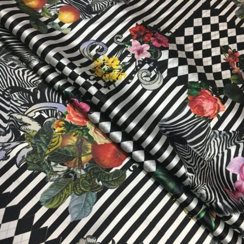 Geometric floral printing zebra stripes elastic silk stain cloth for sewing dress digital printing natural mulberry silk fabric