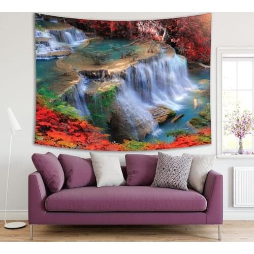 Tapestry Huay Mae Kamin Waterfall in Autumn Forest Kanchanaburi Province Thailand Tropical Wild Nature Red Green Teal
