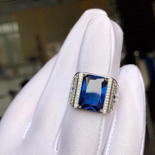 Exquisite royal blue sapphire gemstone ring for men ring rectangle gem good cut 925 sterling silver birthday gift big size