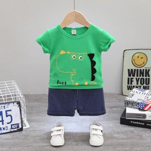 Summer Clothing 0-4 Years Children Cartoon Dinosaur Kids Casual Round Neck T-Shirt Top Striped Shorts Set 2PCS Toddler Baby Suit