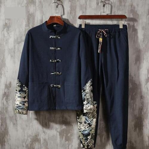 Chinese Style Retro Tang Suit Cotton Linen Men Clothing 2021 Print Clothes 5xl Male Patchwork Suit Plus Size Printed Hanfu