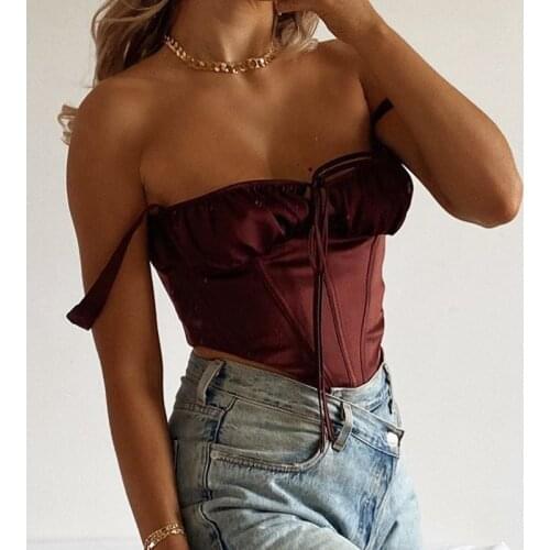 Brown Burgundy High Stretch Satin Tank Top Women Sexy Boned Tie Up Cut Out Square Neck Zipper Short Camis Outfits From The Club