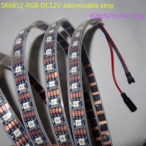 4m DC12V SK6812 addressable pixel strip,waterproof in silicon tube;60pcs SK6812-RGB/M with 60pixels;72W;BLACK pcb;4pin