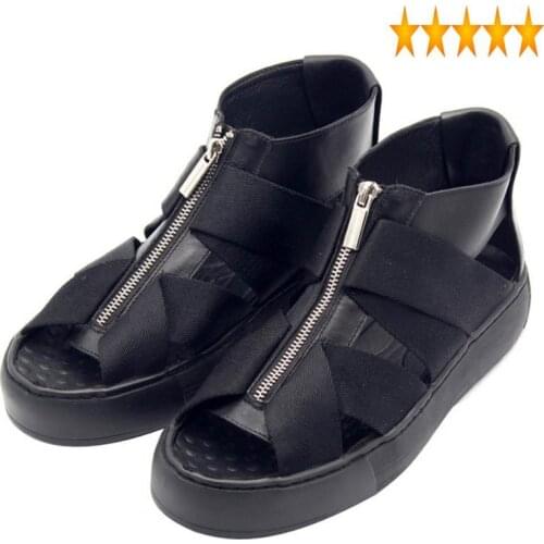Zipper 2021 Mens Hole Gladiator Black Open Toe Platform Footwear Summer Brand Luxury Genuine Leather Sandals Plus Size
