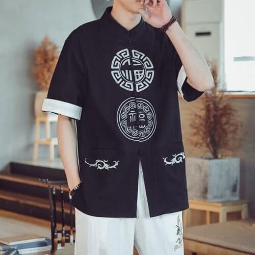 2021 New Chinese Style Mens Tops Tang Suit Cotton Linen Short Sleeve Solid Traditional Kung Fu China Style Hanfu Shirt KK3494