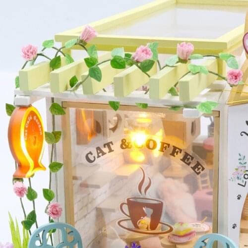 Dollhouse Cat Coffee Shop Kit LED Light Wooden 3D Puzzles Self Assembly
