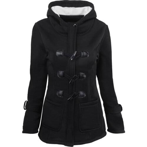 Womens Coat Slim Long Sleeve New Ox Horn Button Coat Thickened Hooded Blended Jacket Cotton