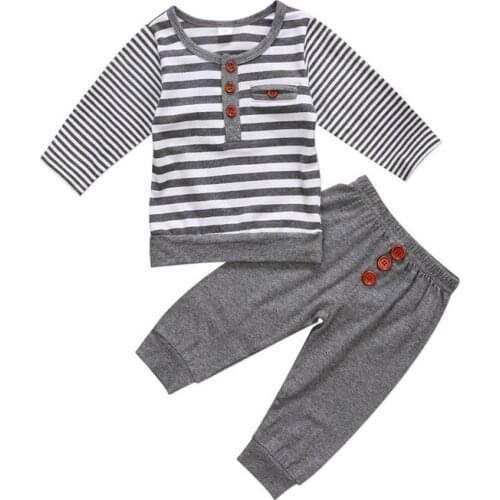 Casual Newborn Baby Boy Stripe Outfits Cotton Long Sleeve Button Top T-shirt Long Pants Clothes Outfits Set