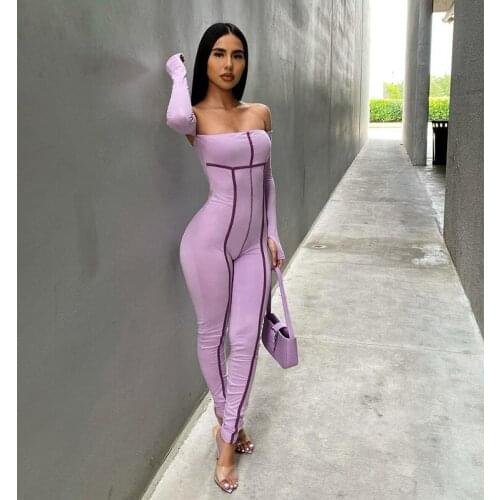 Casual Striped Print Solid Jumpsuit Women Sexy Off the Shoulder Long Sleeve Leggings Body Rompers Womens Jumpsuit Overalls