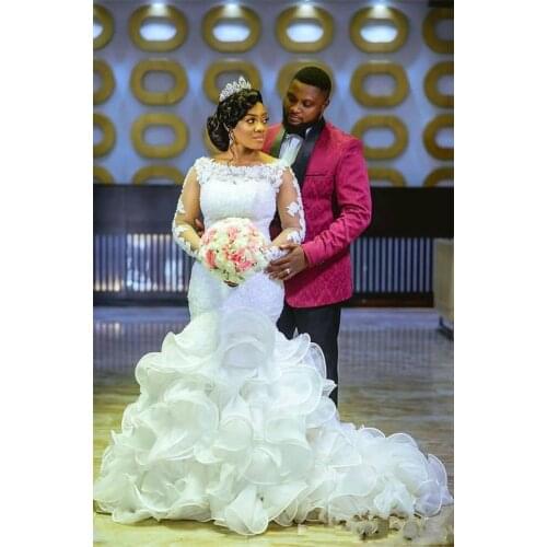 African Organza Ruffles Mermaid Wedding Dresses with Lace Applique Long Sleeves Bridal Gowns Trumpet Dress