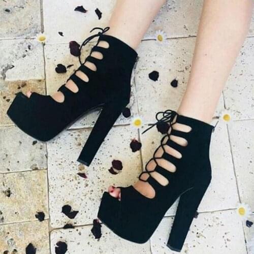 Gladiator Rome Platform High Heels Chunky Open Toe Lace-up Black Pumps Womens Shoes Dacer Dress Party Big Sizes 13 15 16 Summer