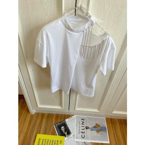 High 2021SS Summer Quality Women Fashion Diamonds Tassel Off Shoulder White T-Shirt Tee Ladies Casual Tops Ddxgz2 4.25