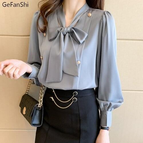 2021 New Summer Autumn Solid V-Neck Bow Blouse Shirt Women Long Sleeve Loose Woman Elegant Fashion BlousesTops Casual Blusas