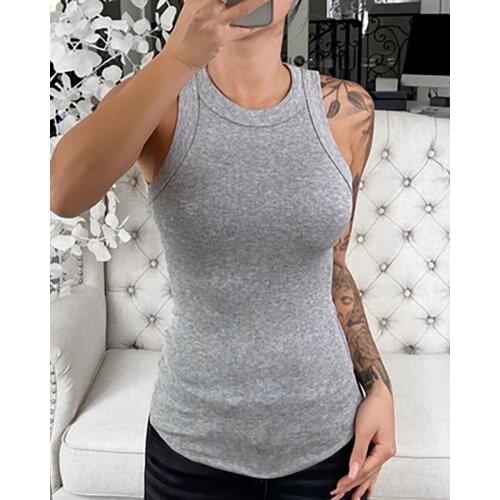 Womens Summer Sleeveless Halter Round Neck Tank Top Vintage Striped Thread Ribbed Knitted Camisole Basic Sports Tight Slim Vest