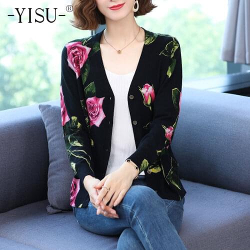 YISU 2021 Womens clothing Cardigan Sweater Long Sleeve V-neck Knitted Sweater Coat Rose flower printing sweater cardigan Jacket