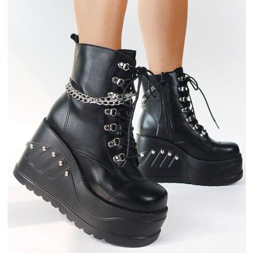 Brand Design Gothic Style INS Hot Sale Fashion Boots Women Shoes Autumn Punk Black High Heels Platform Wedges Boots Female
