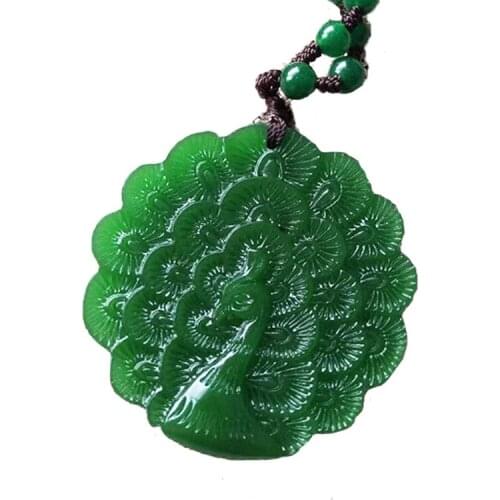 Women Necklace Pendant Green White Nephrite Jade Carved Peacock Open Screen Gift for Female Fashion Pendant Jewelry