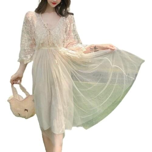 PERHAPS U Elegant Summer Chiffon Mesh Sequined Flared Sleeves Mid-Length Sling Dress Embroidery Flower Ruffle Mesh Top D3039