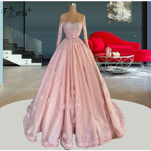Pink Sheer Neck Long Evening Dresses Beaded Sequins A Line Long Sleeve Women Prom Gowns Party Wear Custom Made Robe De Soirée