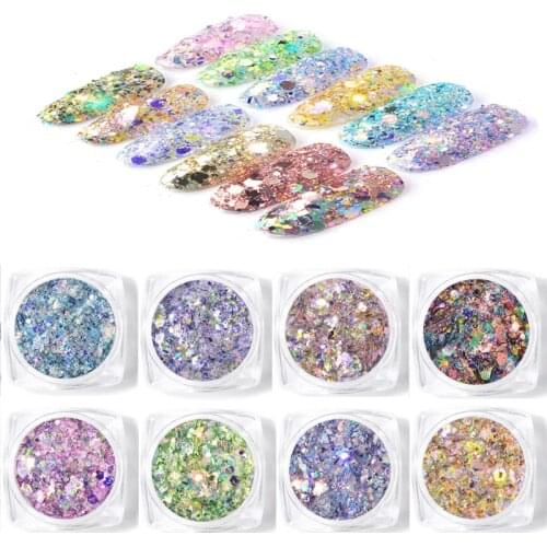 12 Jars/set Laser Holographic Paillette Hexagon Sequins Nail Glitter Flakes For Nail Art Colorful Mix Powder Sequins Pigment PT5