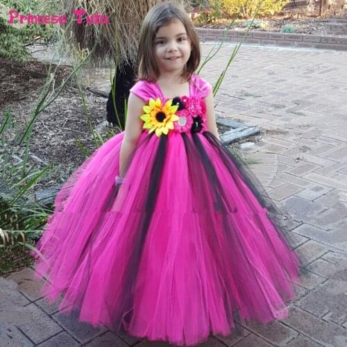 Black & Hot Pink Flower Girl Tutu Dress Handmade Princess Tulle Dress Kids Girls Wedding Party Tutu Dresses for Girls Ball Gown