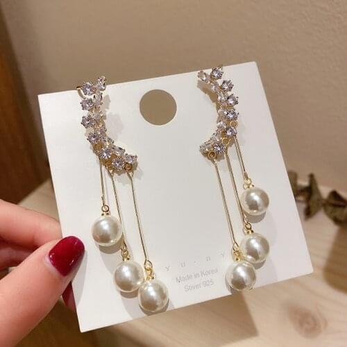 Lifefontier Korean Rhinestone Pearl Tassel Earrings for Women Gold Color Metal Ear Cuff Hanging Clip Earrings Wedding Jewelry