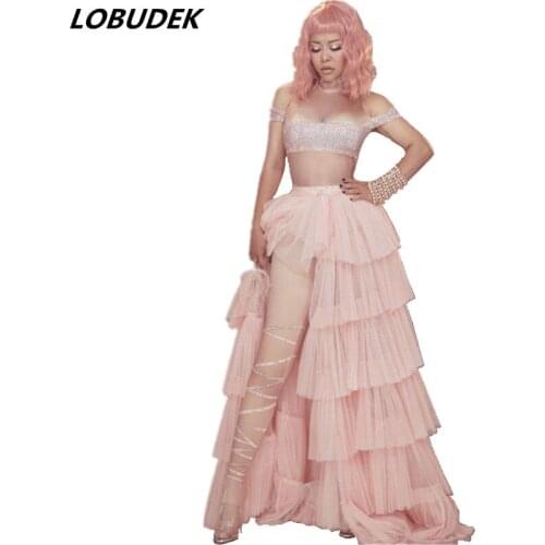 New Fashion Pink Rhinestones Tailing Jumpsuit Women Birthday Celebrate Outfit Singer Dancer Bar Nightclub Concert Stage Costume