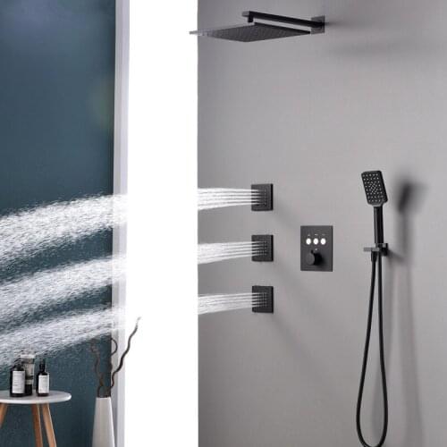 Bathroom Shower Faucet Set Wall Concealed Thermostatic Matte Black Square Brass Ceiling Rainfall Shower Faucet