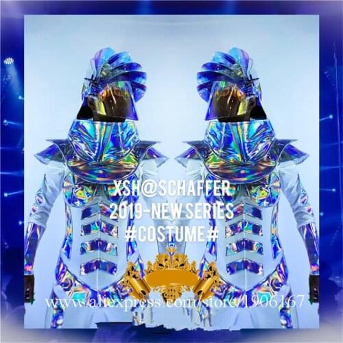 New Design Stage Performance Silver Mirror Woman Clothes Dance Team Suit Headwear Christmas Halloween Ballroom Catwalk Costumes