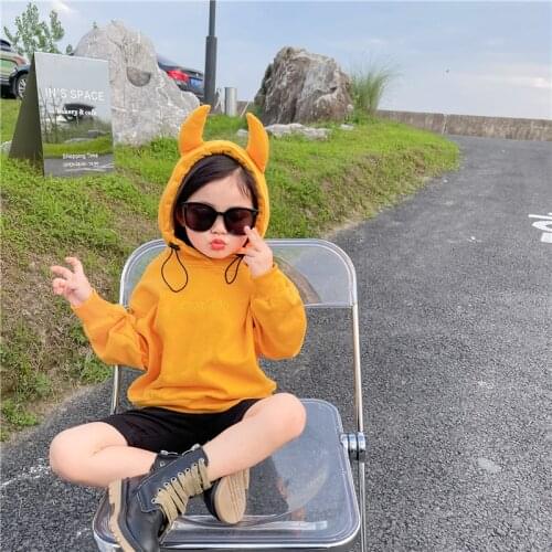2021 Autumn Korean Boys and Girls Calf Three-dimensional Ear Hooded Sweater Pullover Little Devil Solid Color Led Rope Sweater