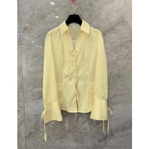 2021 Autumn fashion high quality silk cotton striped shirt blouses women