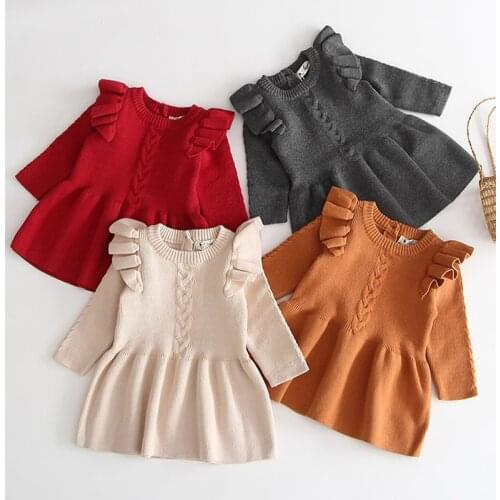 Autumn Winter Kids Keep Warm Dresses For Girls Princess Dresses Kids Girl Pure Color Fly Sleeve Dress Long Sleeve Knit Dress