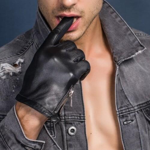 Unlined Mens Genuine Leather Gloves Real Sheepskin Black Touch Screen Gloves side zip with Button winter Fashion Brand new