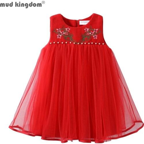 Mudkingdom Faux Wool Beaded Floral Girl Sleeveless Dress with Tulle Red Chinese Style for Little Girls Clothes Princess Dresses