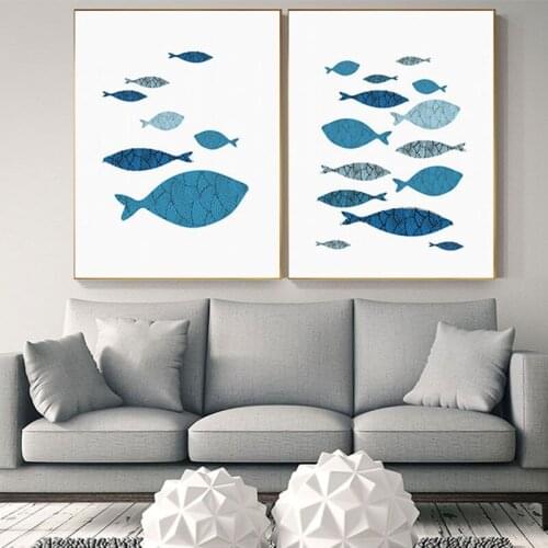 Nordic Blue Fish Group Poster and Print Sea Scenery Canvas Painting Living Room Dining Room Aisle Unique Wall Art Tableau Salon