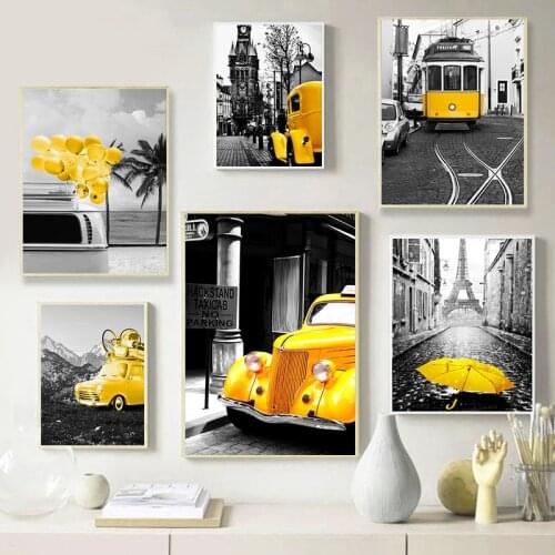 Modern Black White Wall Art Poster Print Yellow Tourist Bus Balloon Canvas Painting Paris Tower Wall Picutre Decoration Home Art